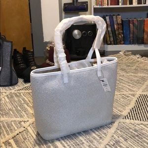 Talbots silver and white straw tote NWT